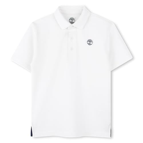Timberland Poloshirt für Jungen, Schuluniform, kurzärmelig, Piqué-Baumwolle, Strick-Poloshirt für Kinder, Knopfverschluss, Premium-Poloshirt, Weiß – dunkles Logo, 6 Jahre