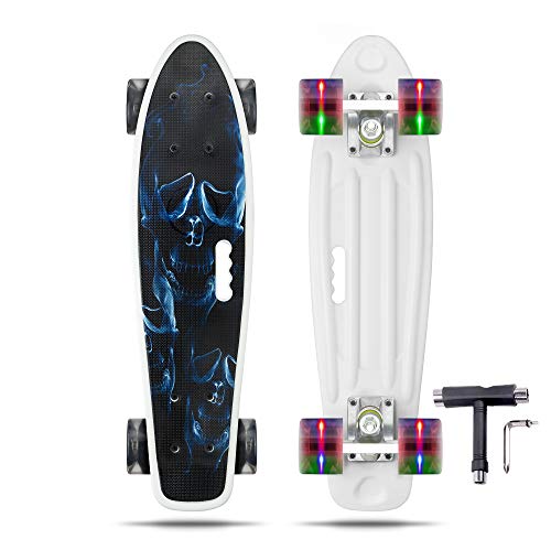 Vernbrin Skateboards Mini Cruiser Retro Skateboard, Complete Plastic Skateboard Penny Board 22 Inch for Beginners Teenagers Adults, LED Light Wheels with All-in-One Skate T-Tool