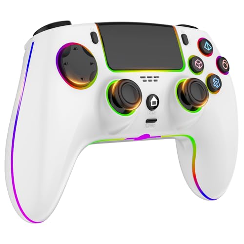 MYSTILUCK Wireless Controller für PS-4/PS-3/Pro/PC/MAC/iOS/Android10/Steam Deck, Gamepad mit 7 Farben RGB Beleuchtung/Dual Vibration/Turbo/Lautsprecher/Touchpad/Kopfhörerbuchse/1500 mAh Akku, Weiß