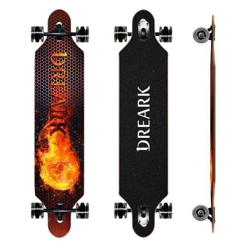 Longboard 42 Zoll Erwachsene Mädchen Jungen Anfänger, ABEC 11, Drop-Through Freeride Skateboards Cruiser bis 120 kg (Fire)