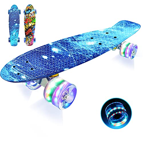 LISOPO Mini Cruiser Skateboard Komplette 57cm mit Blinkenden Led Leuchtrollen, Stabilem Deck für Kinder Anfänger Mädchen Jungen, Beste Geburtstagsgeschenke für Kinder