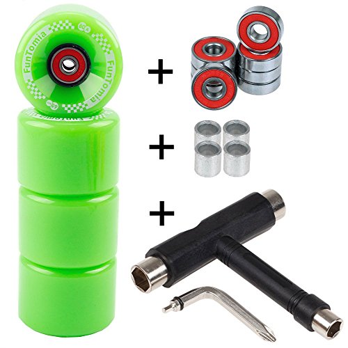 FunTomia 4 Stück Longboard/Skateboard/Mini-Board Rollen (Big Wheels) in 65x45mm 80A inkl. ABEC-9 Kugellager und Metall Spacer 80A Rollenhärte + T-Tool (grün)