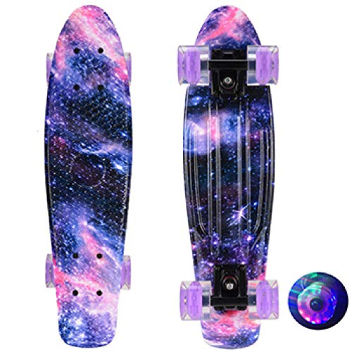 LIRAN Penny Board, 55,9 cm Skateboard Cruiser Board Starry Board, Retro Skate Graphic Floral Galaxy mit Fashion Flash Wheel, für Teenager, Anfänger, Mädchen, Jungen, Lila
