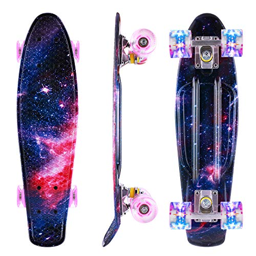 Caroma Skateboard Kinder Mini Cruiser Skateboard Komplette für Jungen Mädchen Jugendliche Erwachsene Anfänger, 22 Zoll Penny Board mit Led Leuchtrollen