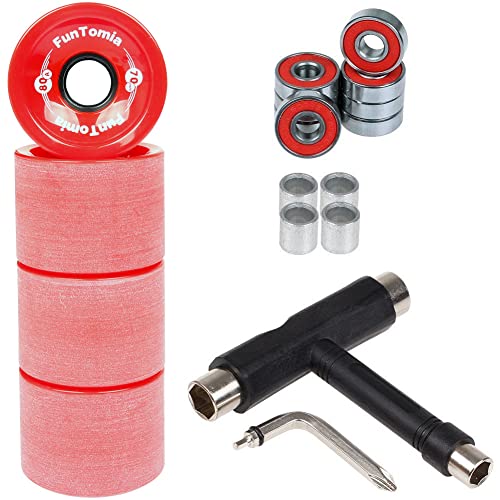 FunTomia 4 Stück Longboard/Skateboard Rollen (Big Wheels) in 70x51mm 80A oder 86A inkl. ABEC-9 Kugellager, Metall Spacer und T-Tool