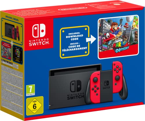 Nintendo Switch-Konsole (rot) + Spiel 'Super Mario Odyssey' als Downloadcode + Der Super Mario Bros. Film-Aufkleber